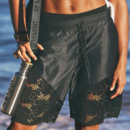 lace detail satin sporty shorts, black