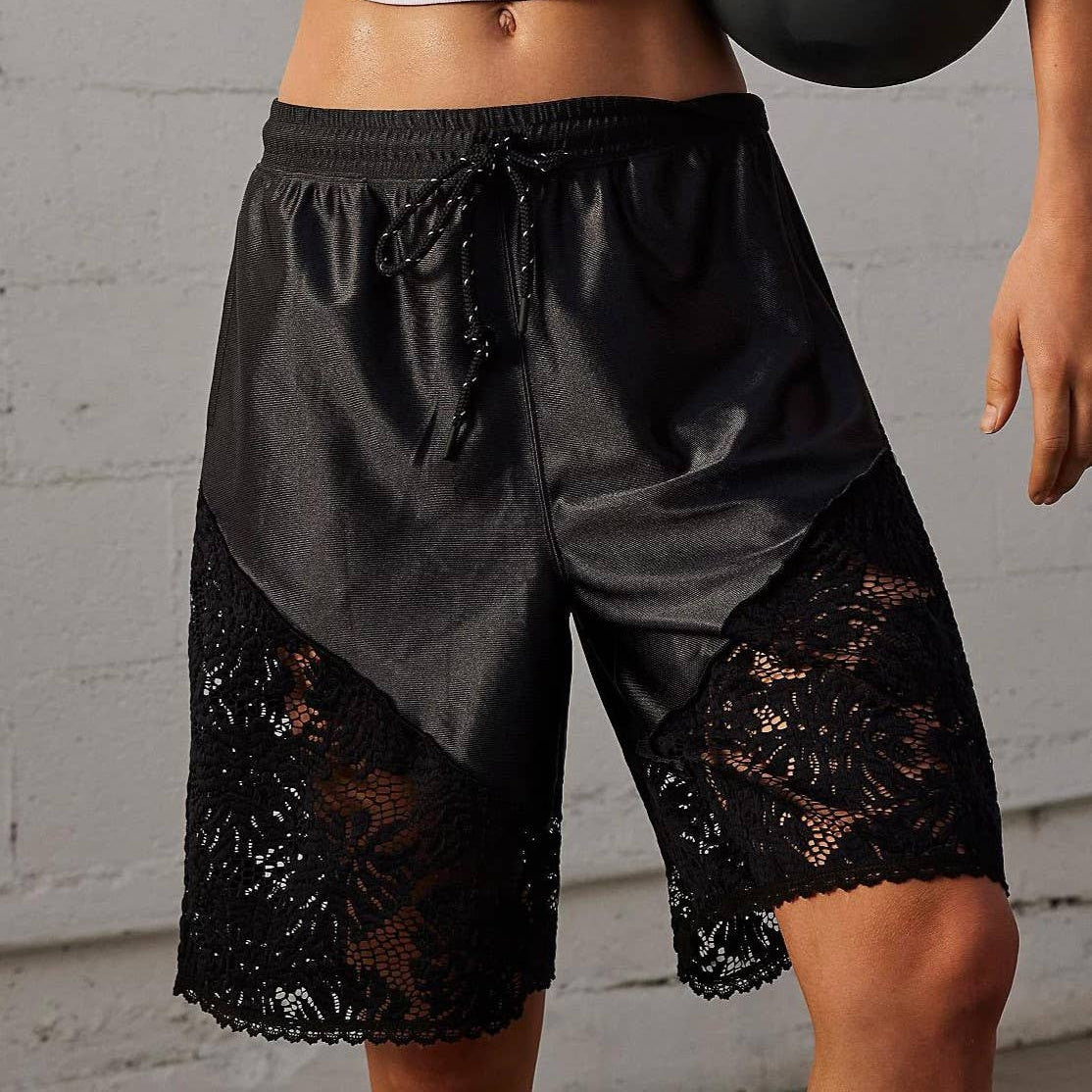 lace detail satin sporty shorts, black
