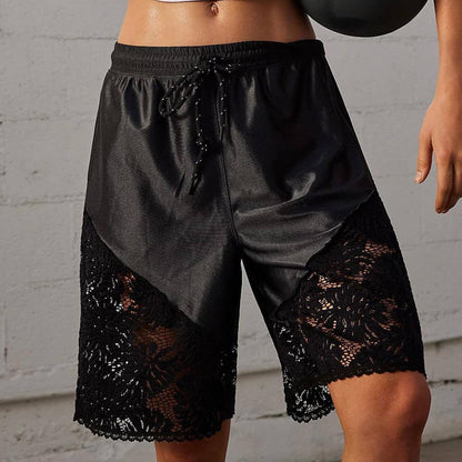 lace detail satin sporty shorts, black