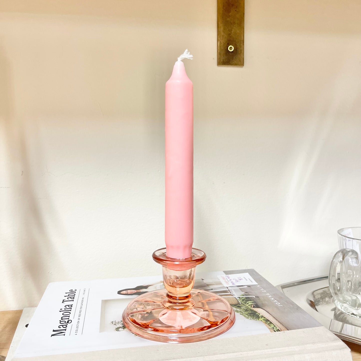 glass candlestick holder, pink