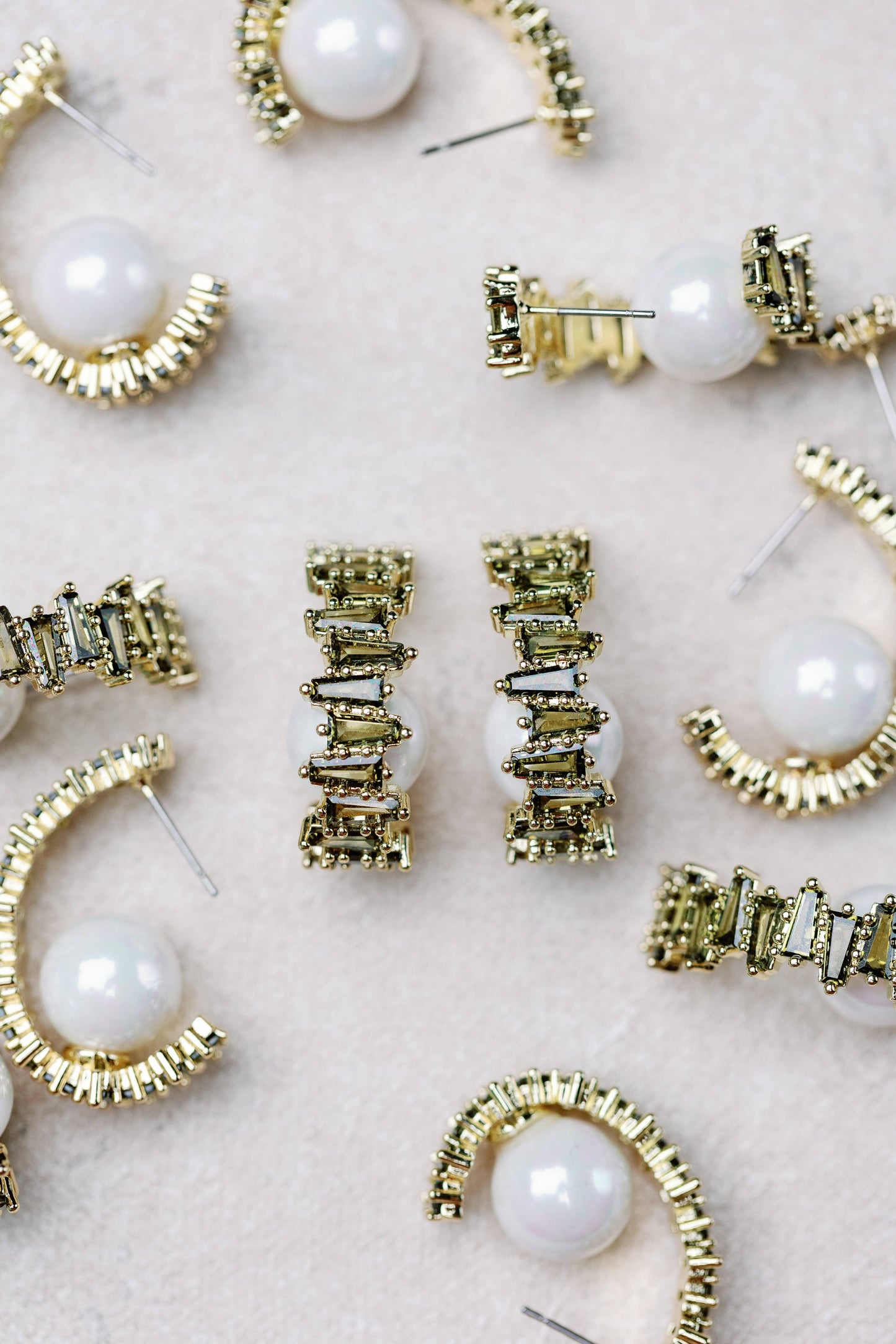 Green Rhinestone and Pearl Hoop Earrings