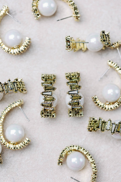 Green Rhinestone and Pearl Hoop Earrings