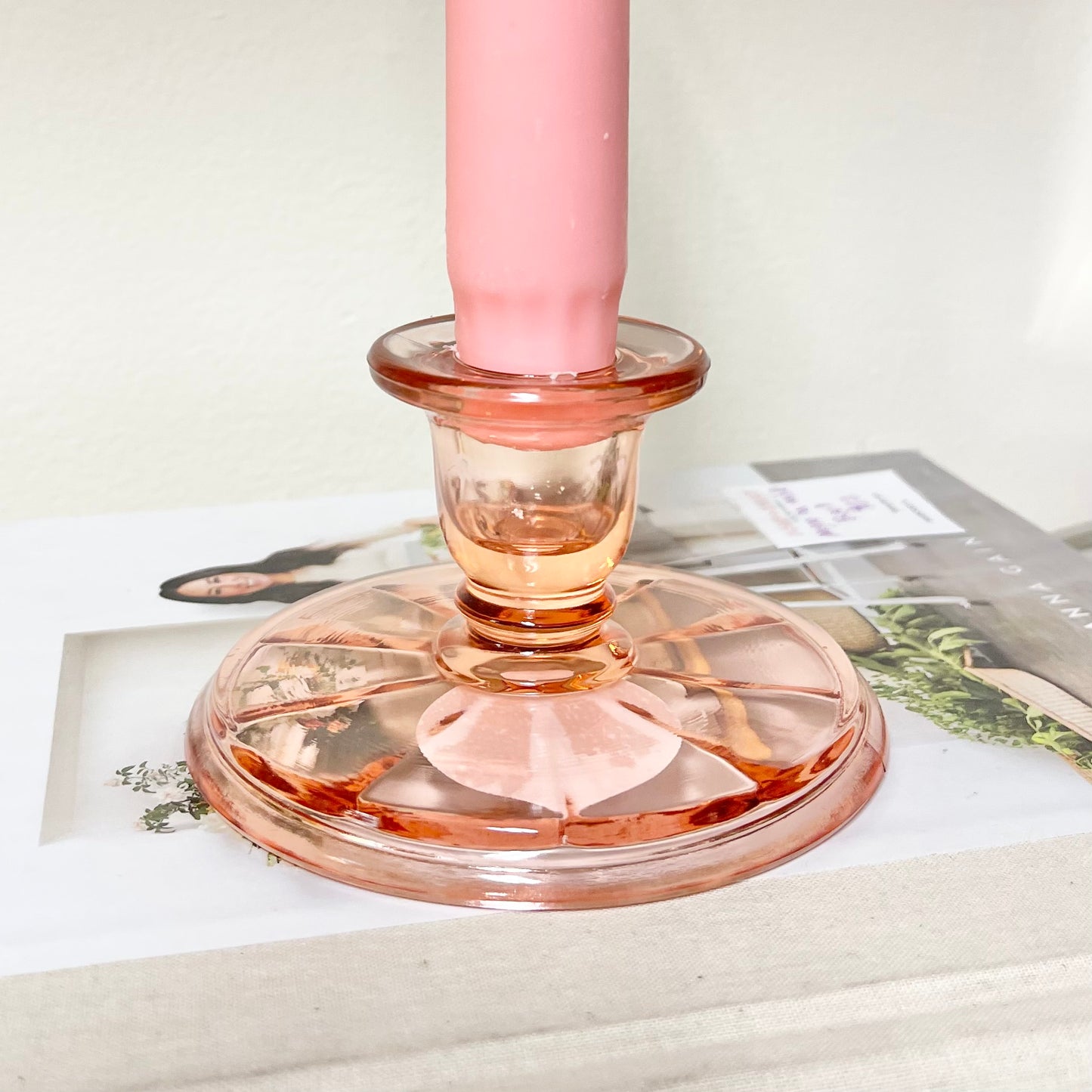 glass candlestick holder, pink