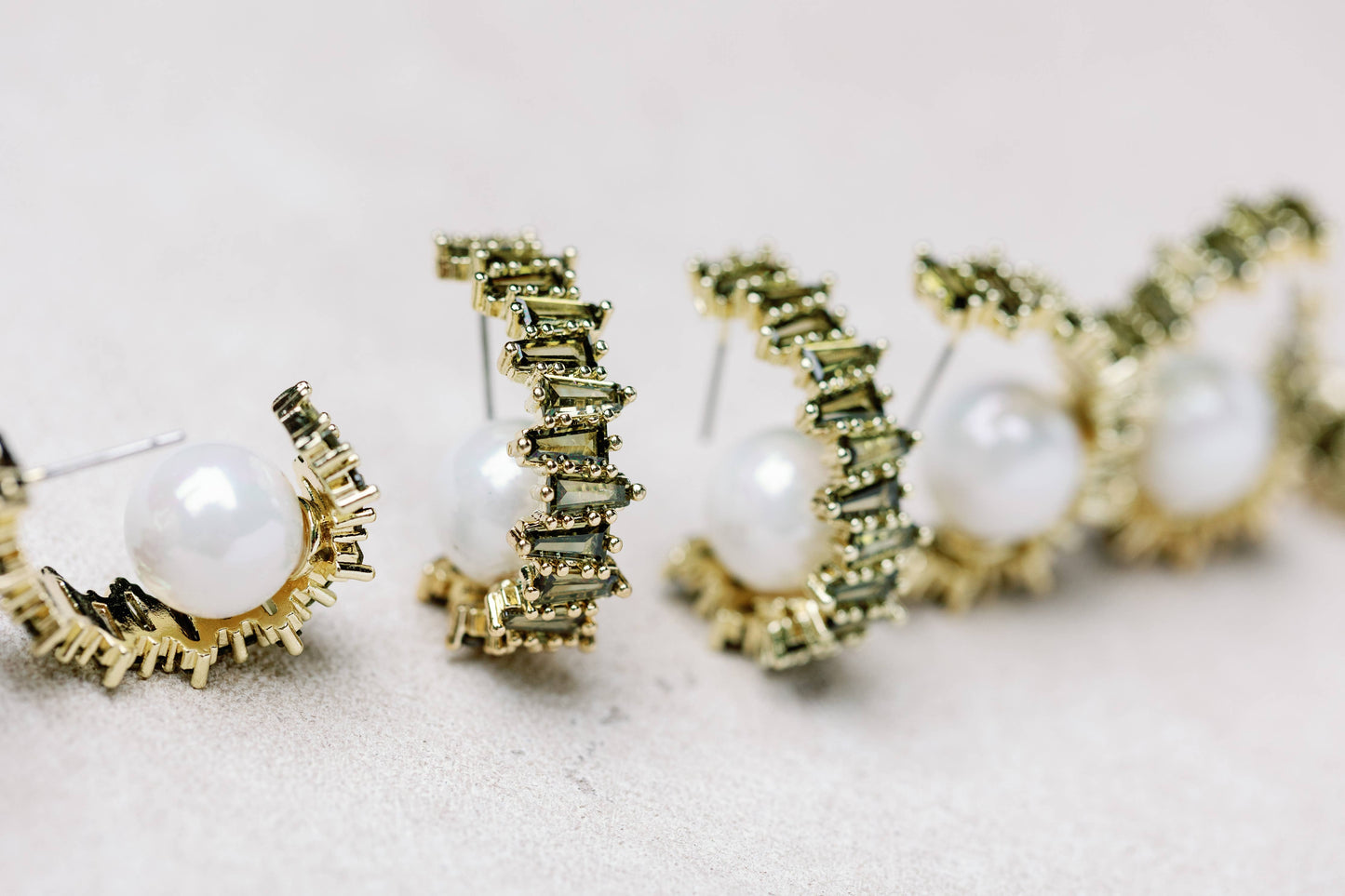 Green Rhinestone and Pearl Hoop Earrings