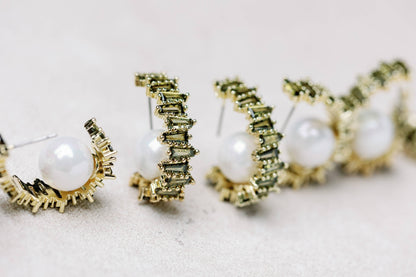 Green Rhinestone and Pearl Hoop Earrings