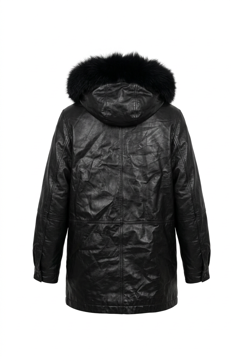 Field Gear Black Leather Hooded Coat With Fur Trim - Size L
