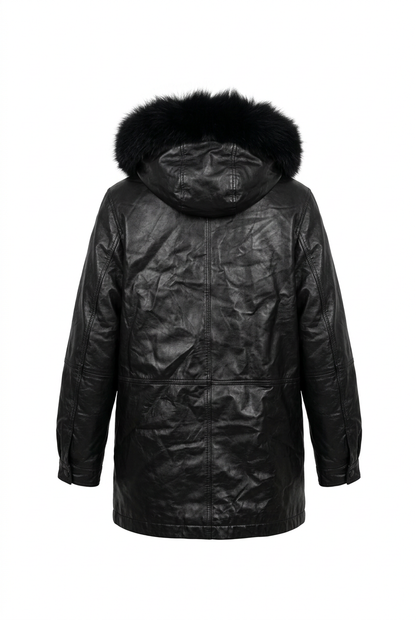 Field Gear Black Leather Hooded Coat With Fur Trim - Size L