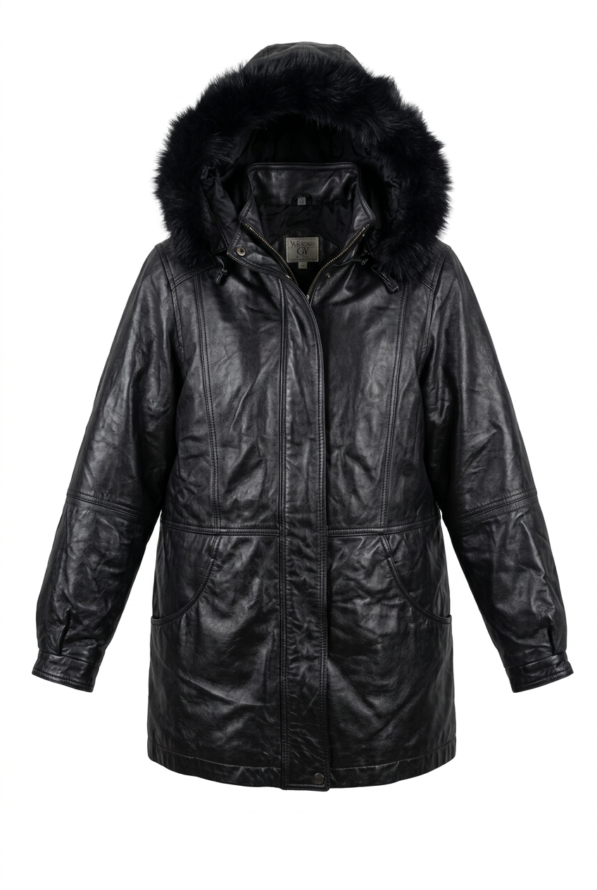 Field Gear Black Leather Hooded Coat With Fur Trim - Size L