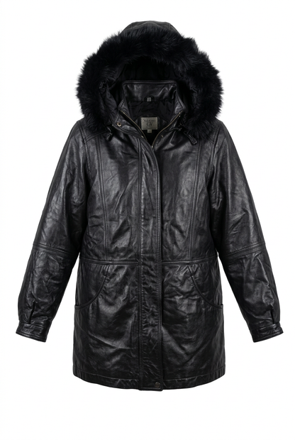 Field Gear Black Leather Hooded Coat With Fur Trim - Size L