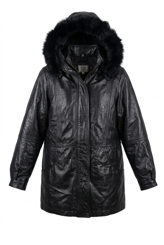Field Gear Black Leather Hooded Coat With Fur Trim - Size L